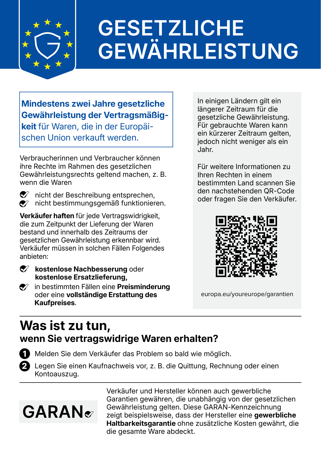 Gesetzliche Gewährleistung – harmonisierte EU-Mitteilung: mindestens zwei Jahre gesetzliche Gewährleistung für Waren, die in der EU verkauft werden